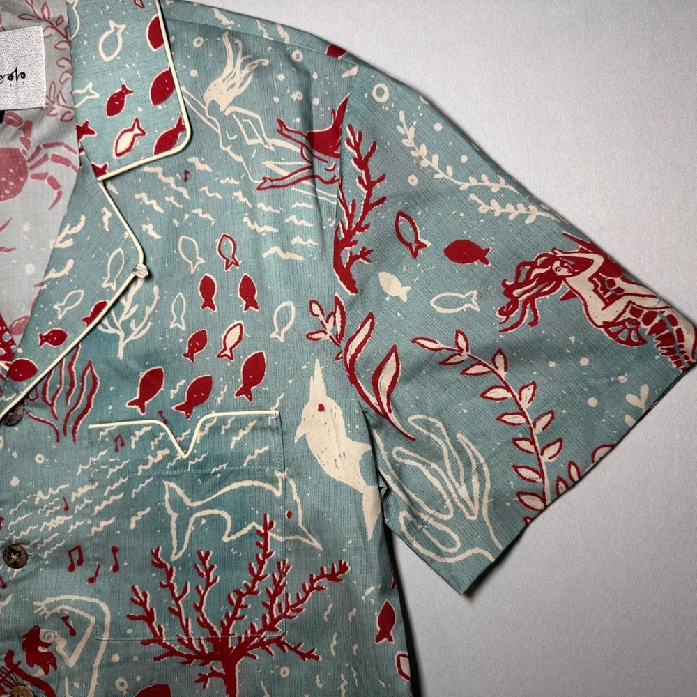 Tombolo Hawaiian Shirt Small French Blue Organic Tencel Mardi Gras Cabana Lounge - Picture 7 of 16